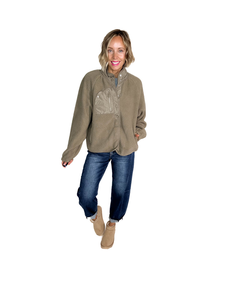 Jayde Fleece Button Up Jacket With Accent Pocket- SOFT OLIVE