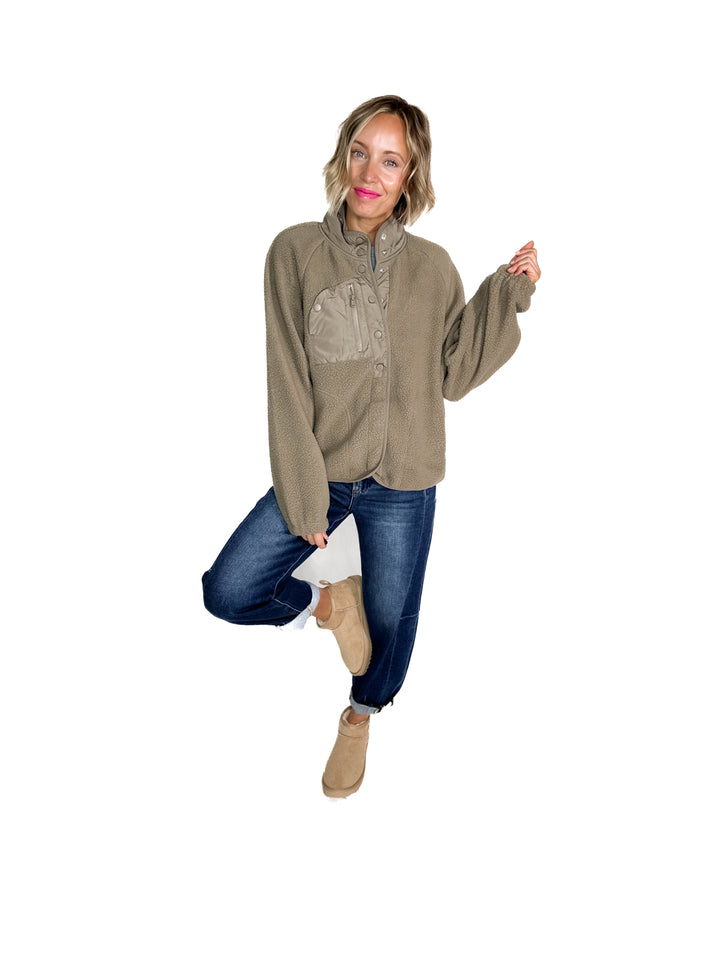 Jayde Fleece Button Up Jacket With Accent Pocket- SOFT OLIVE