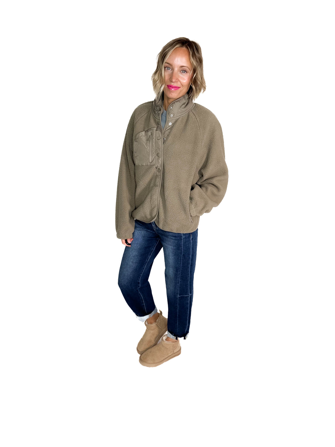 Jayde Fleece Button Up Jacket With Accent Pocket- SOFT OLIVE