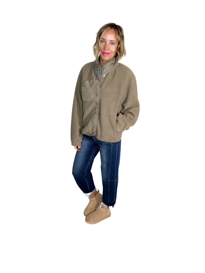 Jayde Fleece Button Up Jacket With Accent Pocket- SOFT OLIVE
