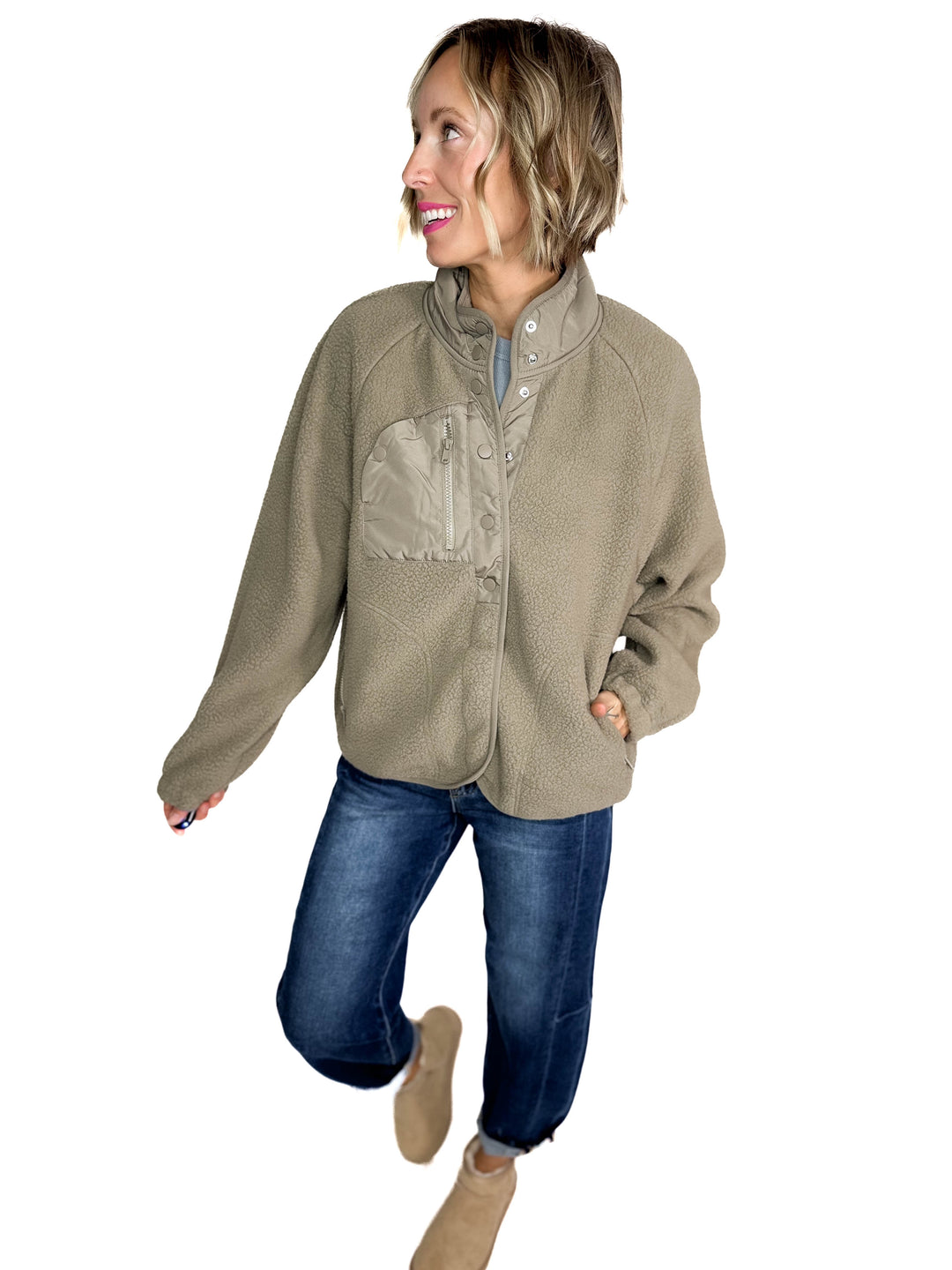 Jayde Fleece Button Up Jacket With Accent Pocket- SOFT OLIVE