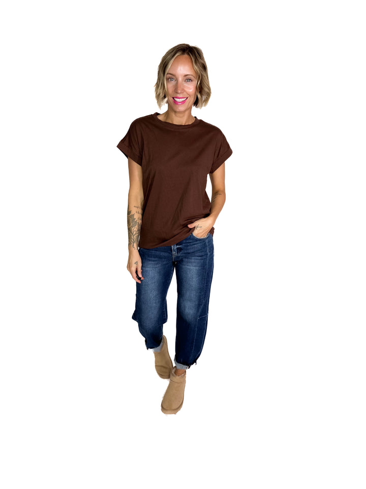 Edna Cotton Folded Sleeve T-Shirt- BROWN