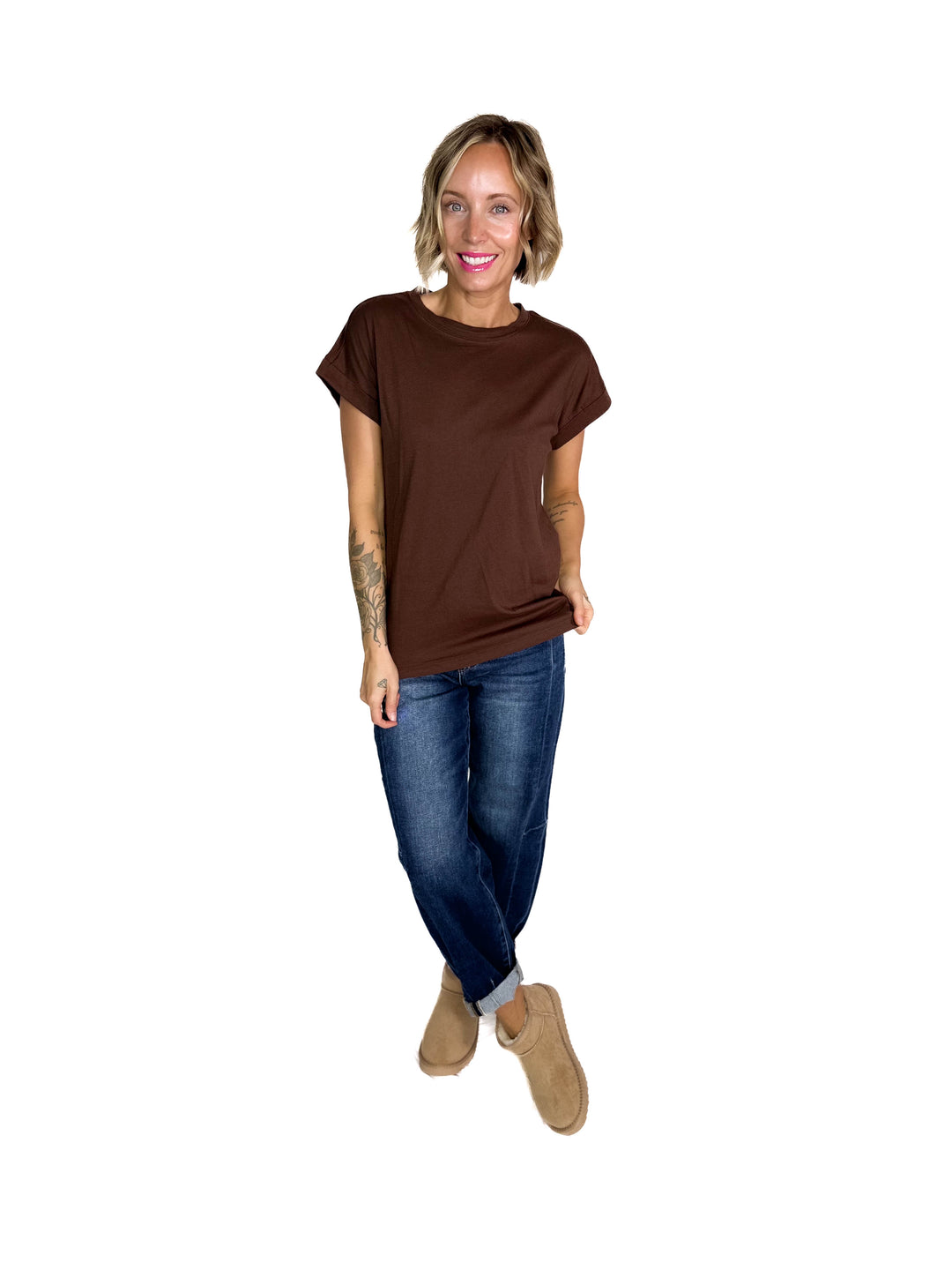 Edna Cotton Folded Sleeve T-Shirt- BROWN