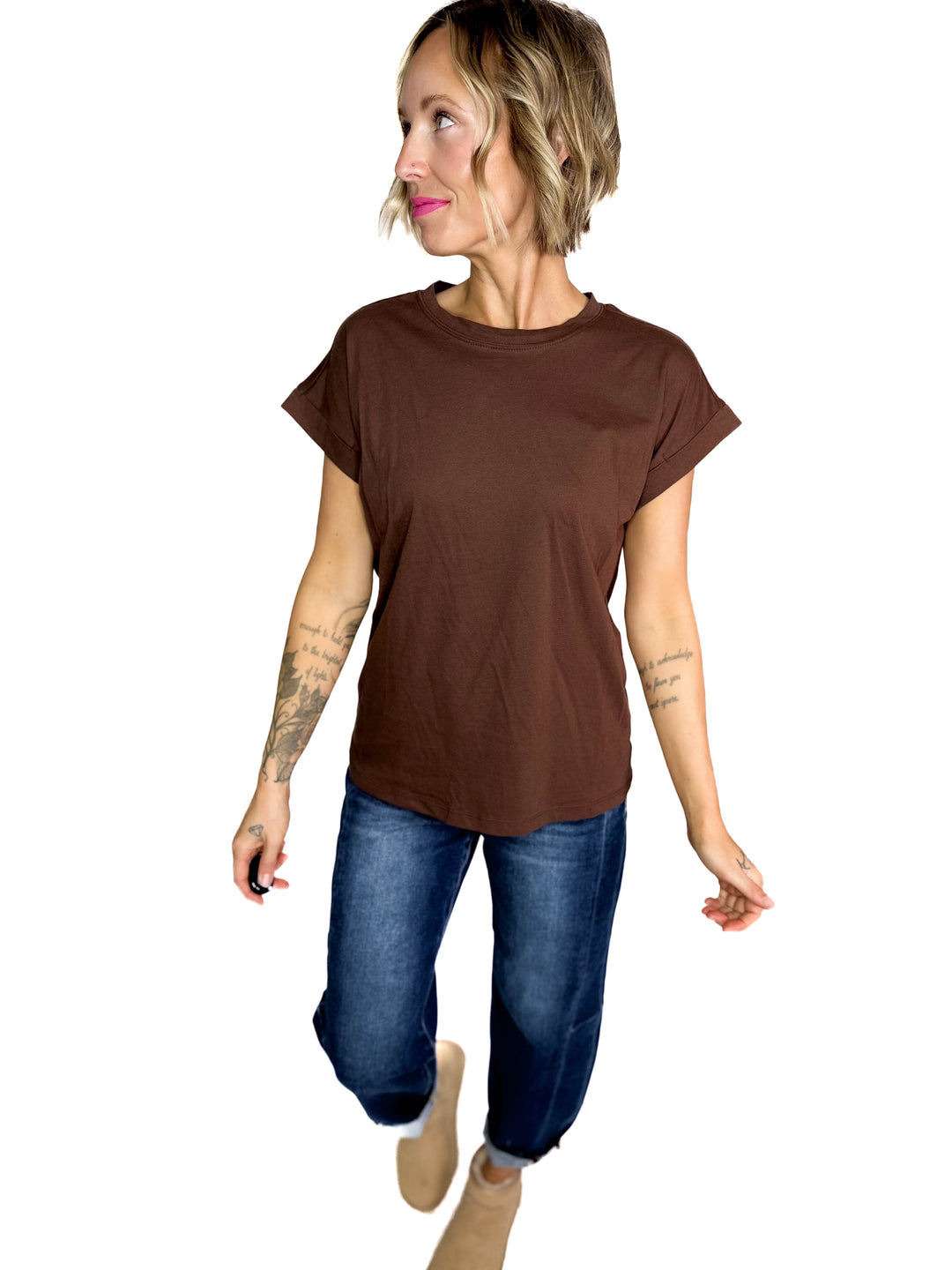 Edna Cotton Folded Sleeve T-Shirt- BROWN
