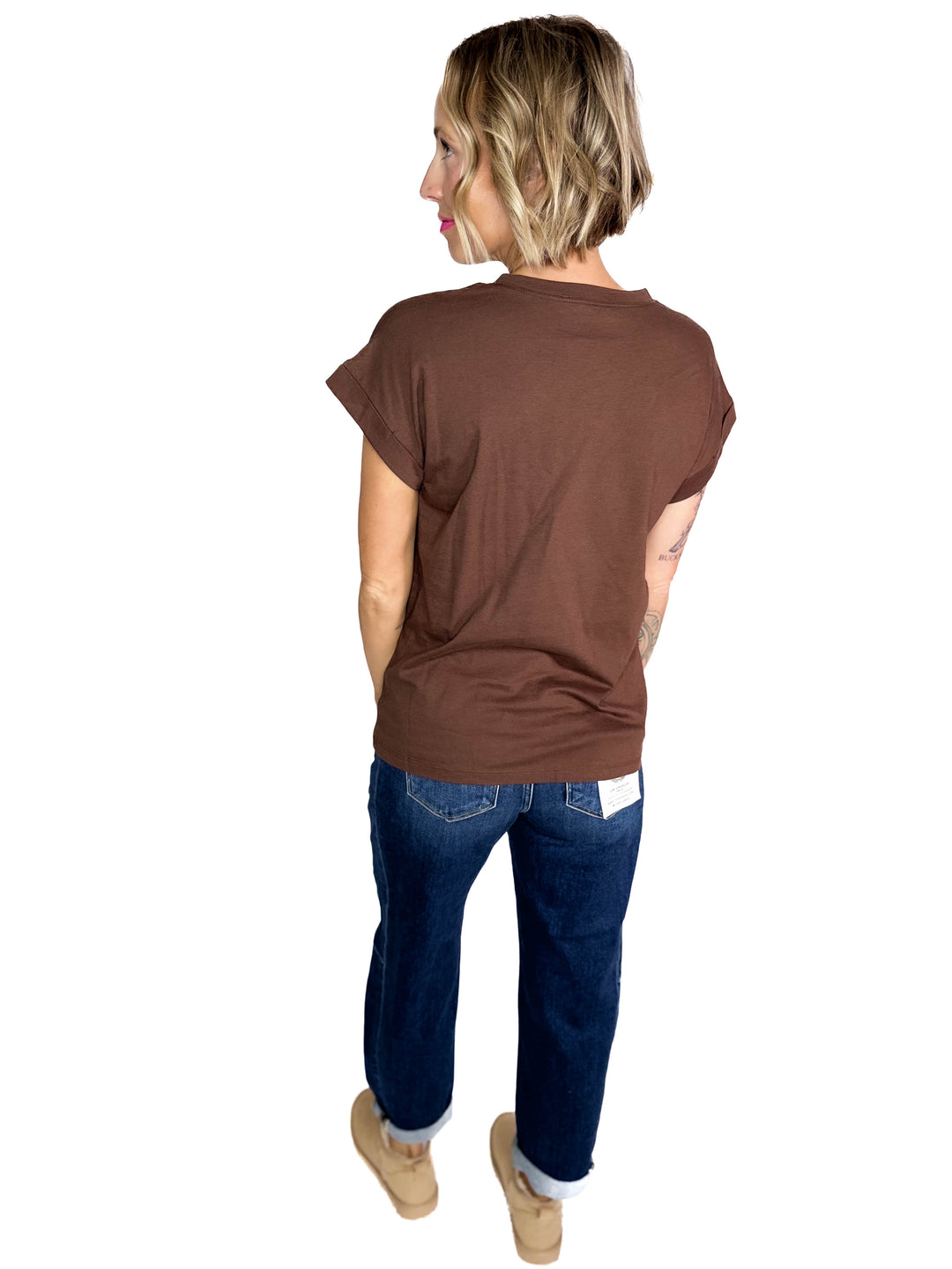 Edna Cotton Folded Sleeve T-Shirt- BROWN