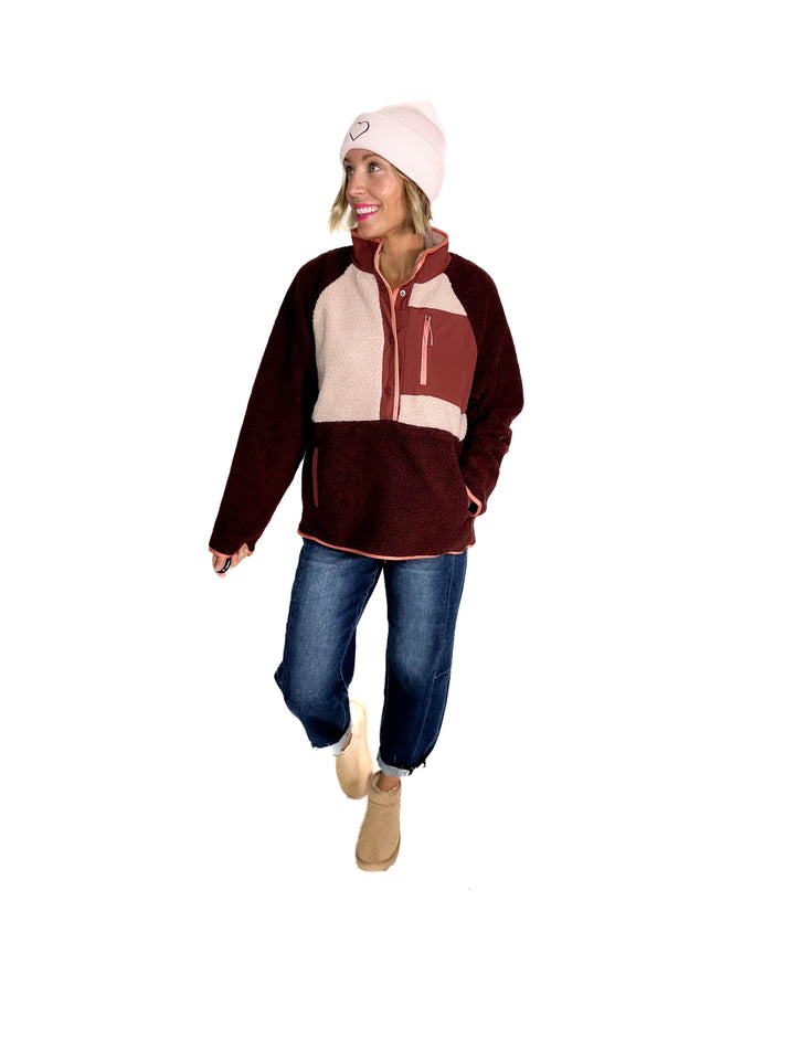 Tara Quarter Snap Sherpa Pullover- BITTER CHOCOLATE