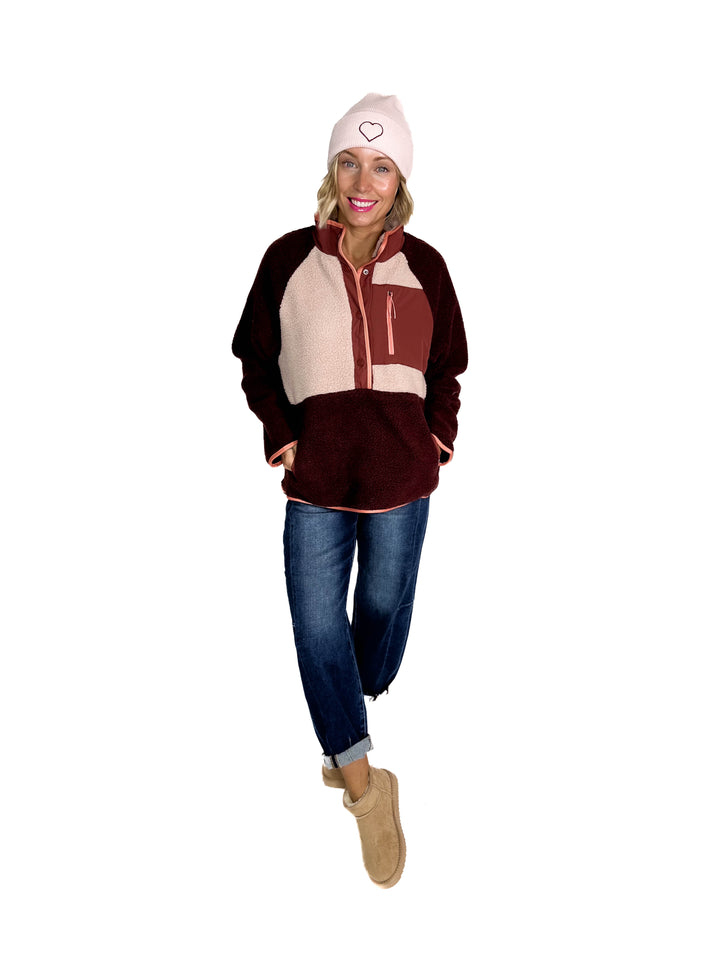 Tara Quarter Snap Sherpa Pullover- BITTER CHOCOLATE