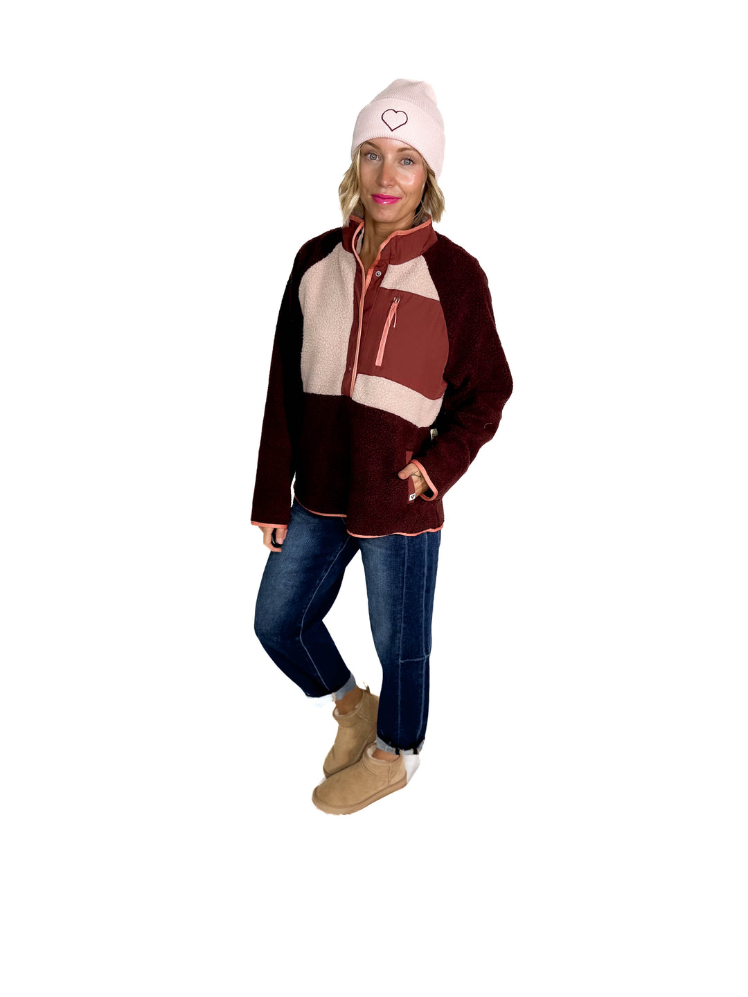 Tara Quarter Snap Sherpa Pullover- BITTER CHOCOLATE