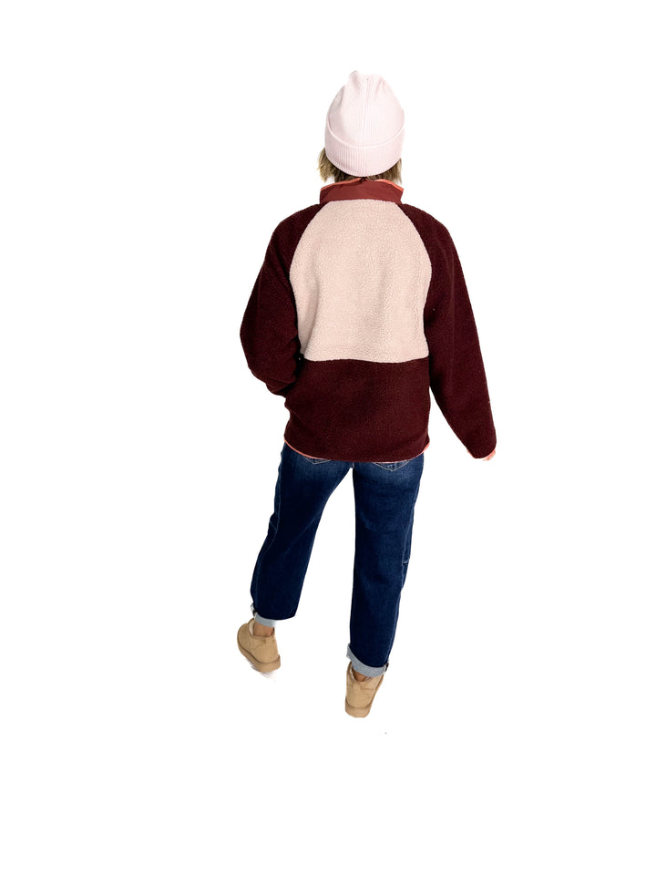 Tara Quarter Snap Sherpa Pullover- BITTER CHOCOLATE
