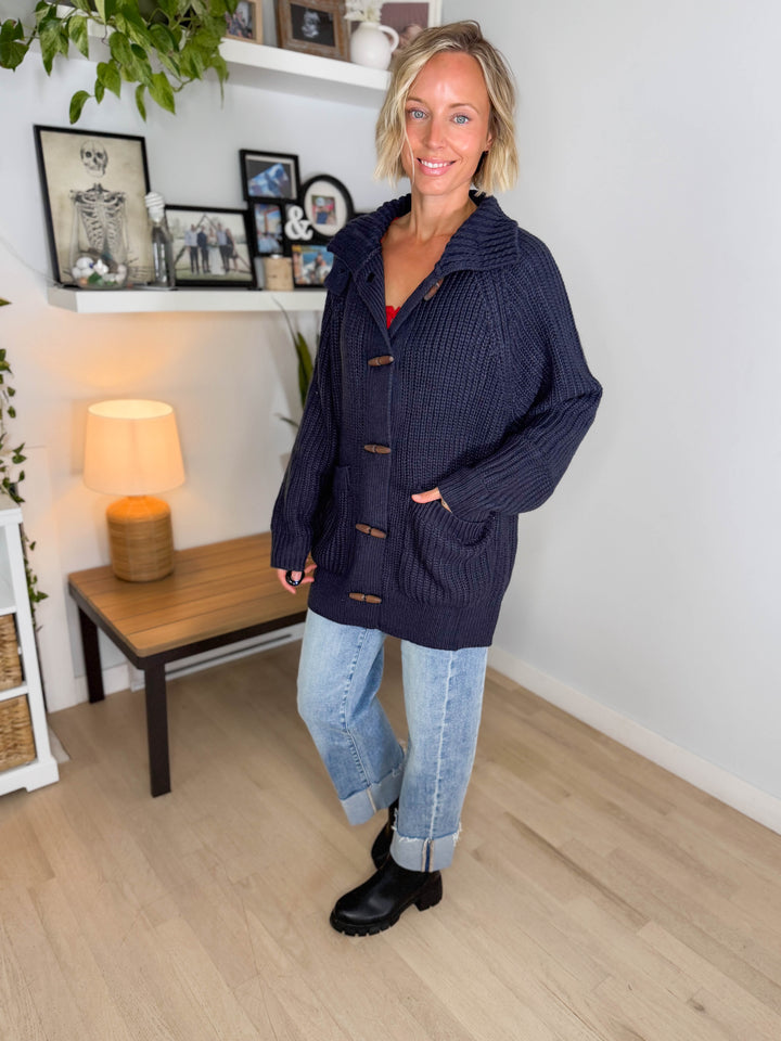 Palms Toggle Chunky Knit Long Line Coatigan- NAVY