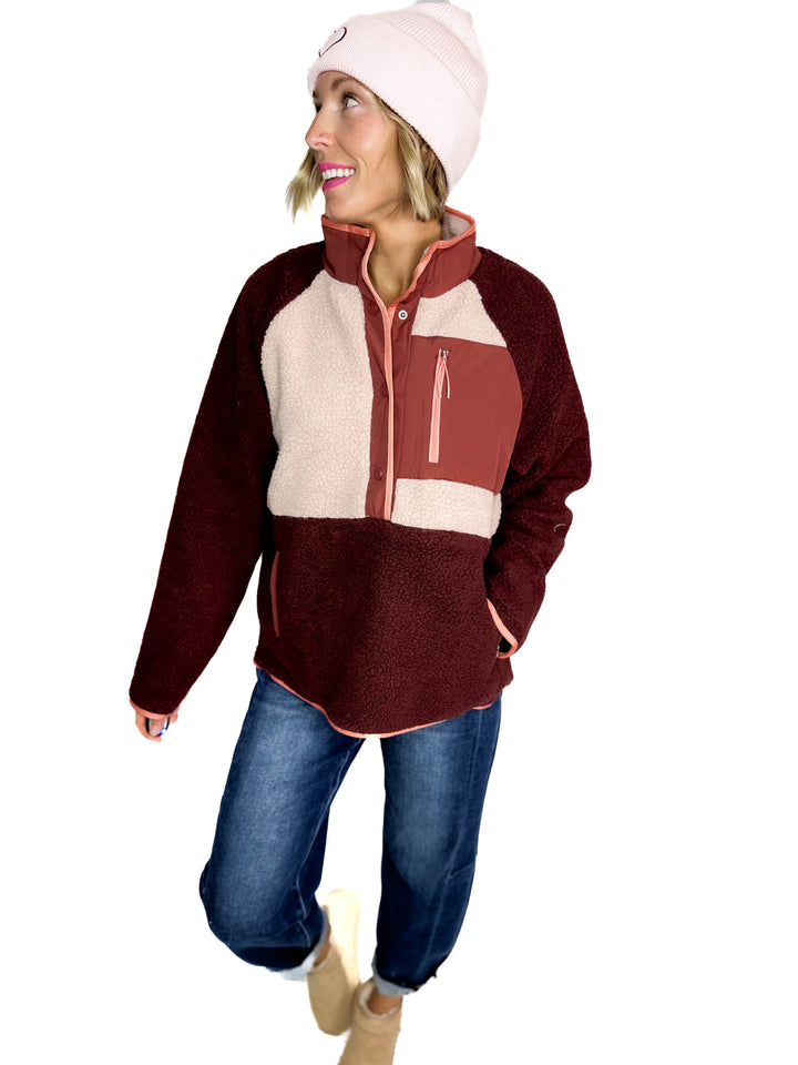 Tara Quarter Snap Sherpa Pullover- BITTER CHOCOLATE