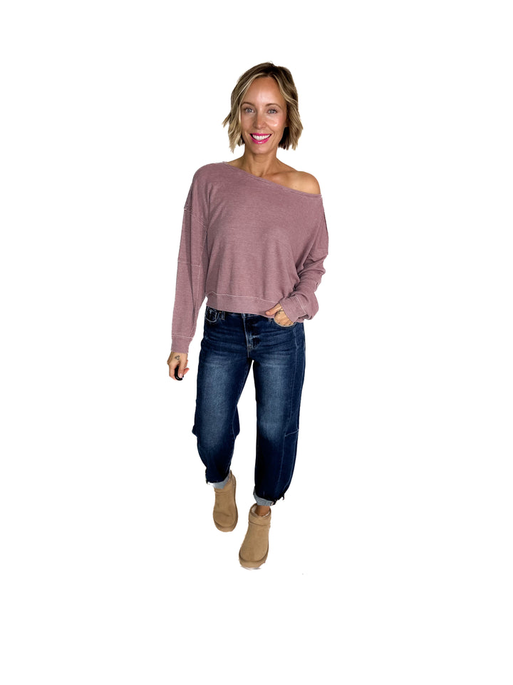 MONO B Aris Waffle Boat Neck Pullover- ROSE TAUPE