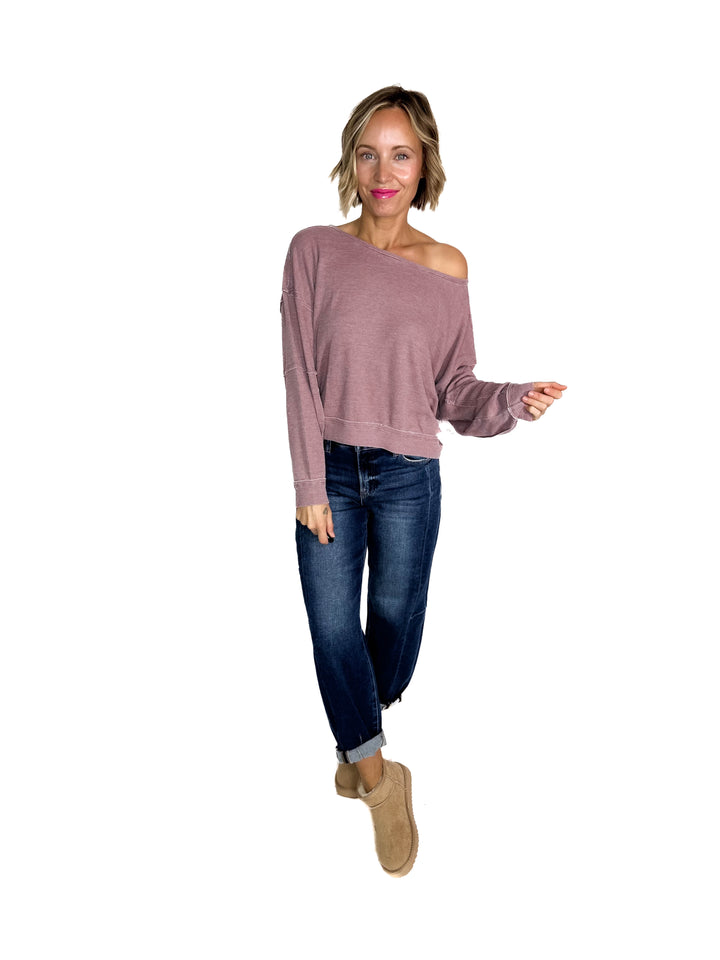 MONO B Aris Waffle Boat Neck Pullover- ROSE TAUPE