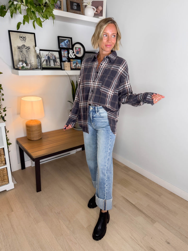 Hartleigh Washed Cotton Plaid Button Down- NAVY MULTI