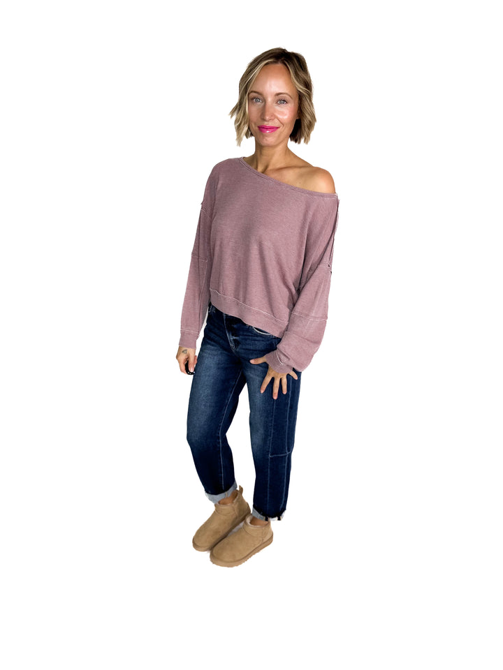 MONO B Aris Waffle Boat Neck Pullover- ROSE TAUPE