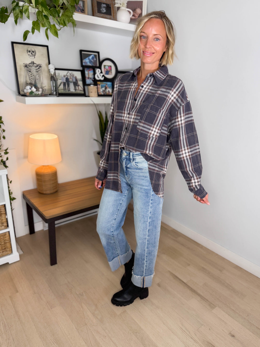 Hartleigh Washed Cotton Plaid Button Down- NAVY MULTI