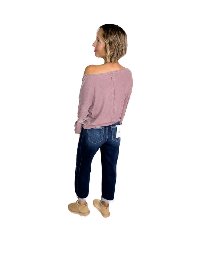 MONO B Aris Waffle Boat Neck Pullover- ROSE TAUPE