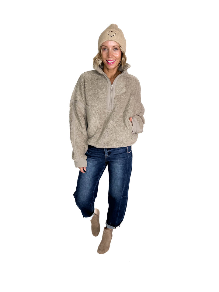 Tundra Mock Neck 1/2 Zip Sherpa Jacket- STONE TAUPE