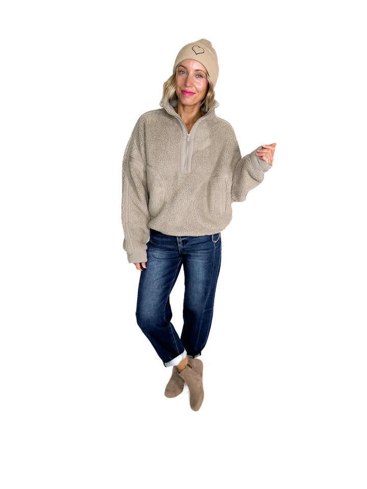 Tundra Mock Neck 1/2 Zip Sherpa Jacket- STONE TAUPE