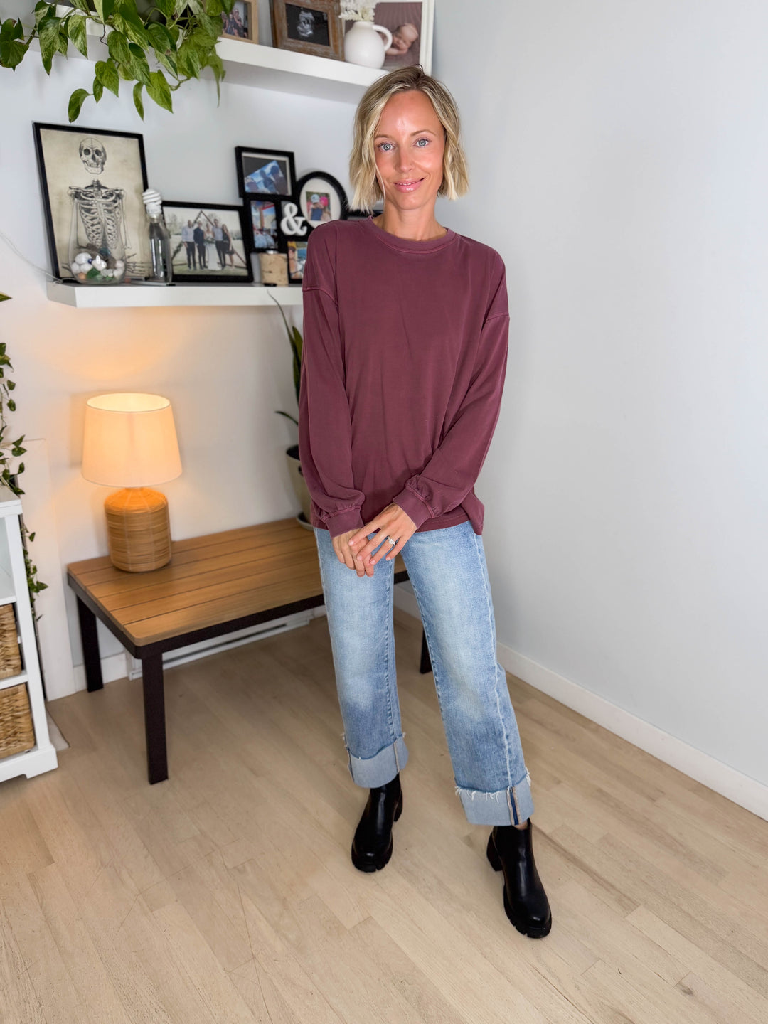 Landyn Washed Cotton Crewneck Long Sleeve- MAROON