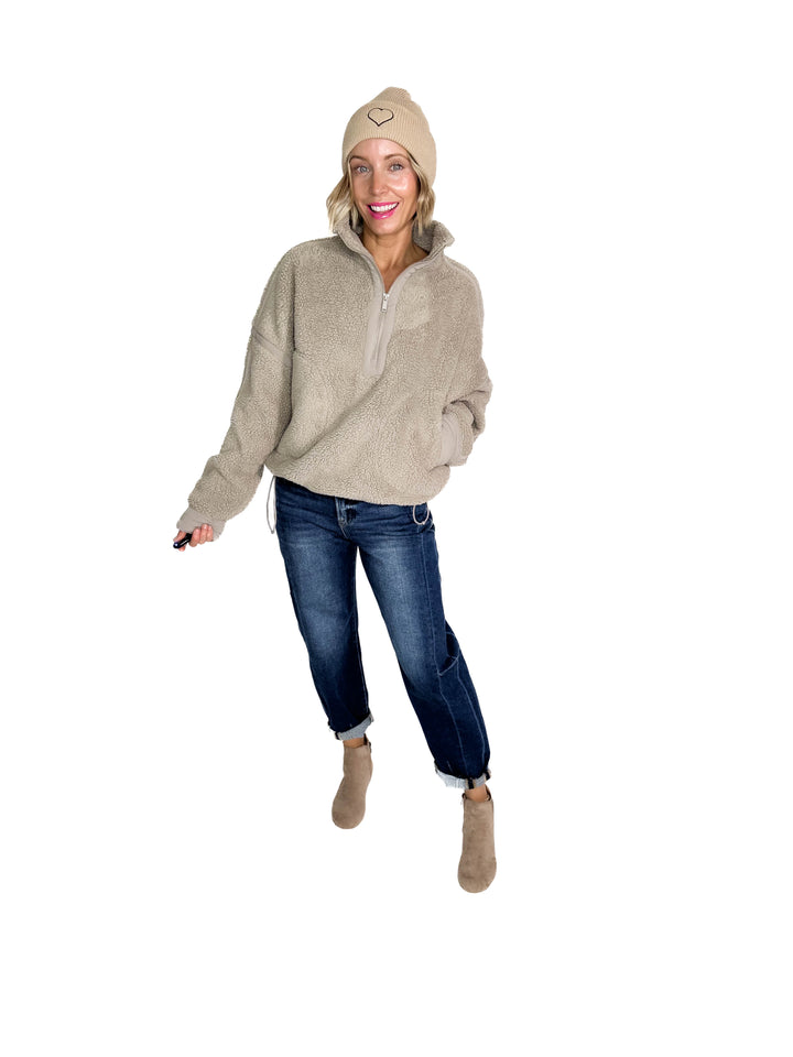Tundra Mock Neck 1/2 Zip Sherpa Jacket- STONE TAUPE