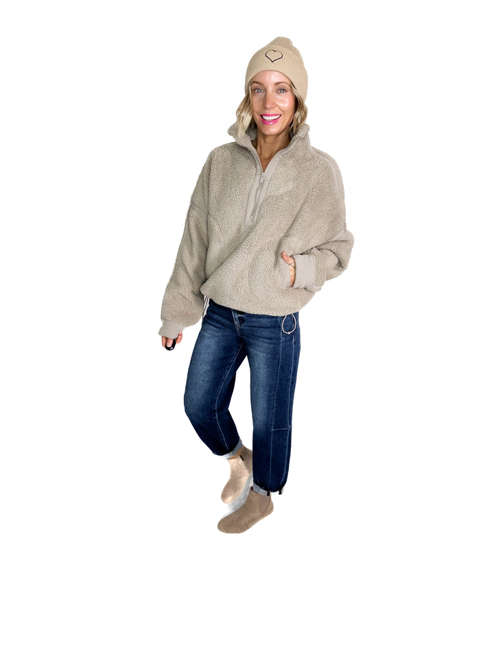 Tundra Mock Neck 1/2 Zip Sherpa Jacket- STONE TAUPE