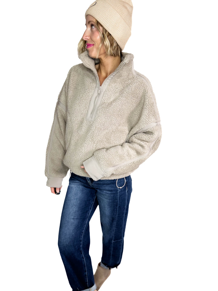 Tundra Mock Neck 1/2 Zip Sherpa Jacket- STONE TAUPE