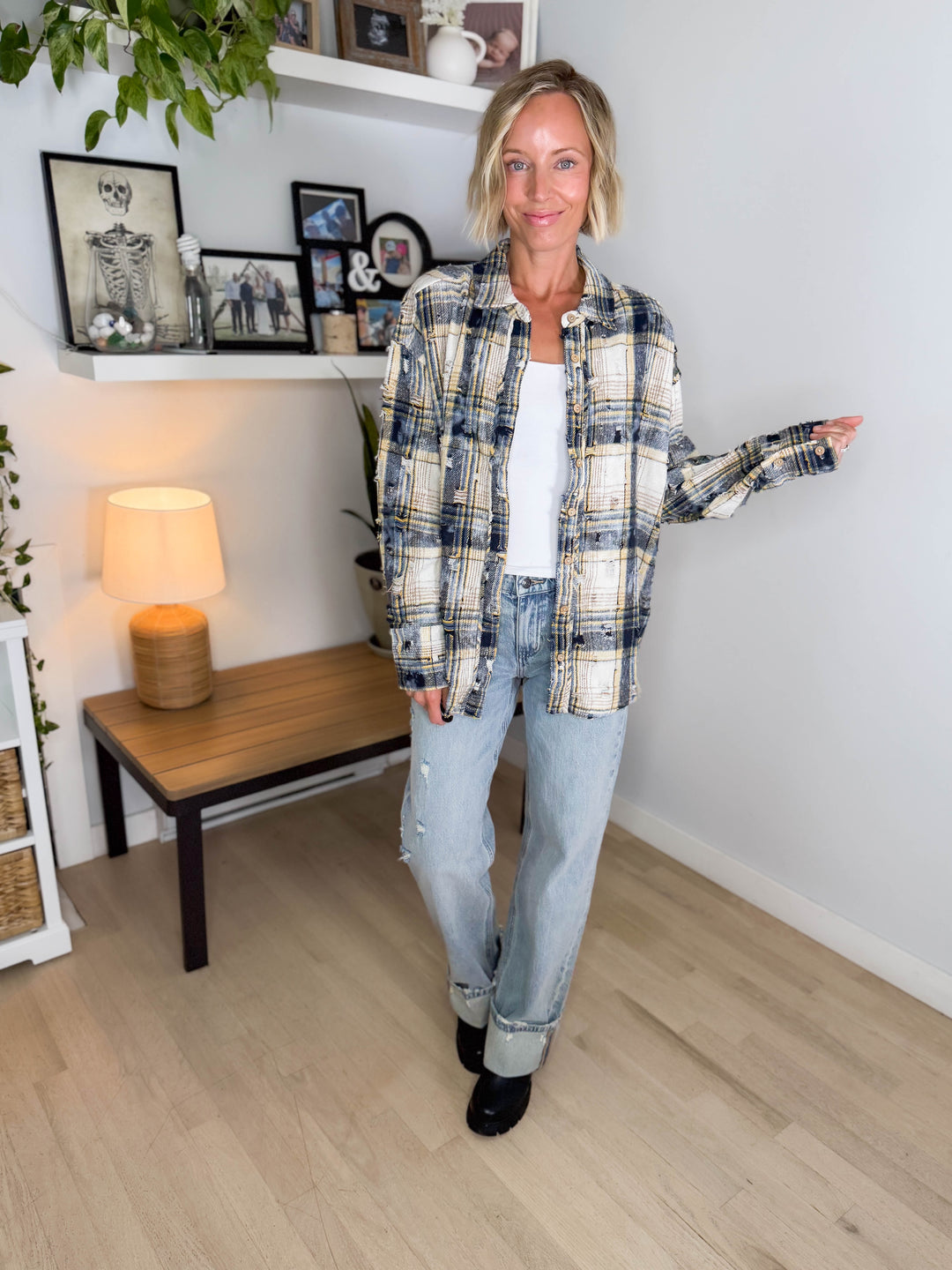 Harvest Moon Distressed Button Down Shacket- NAVY MULTI