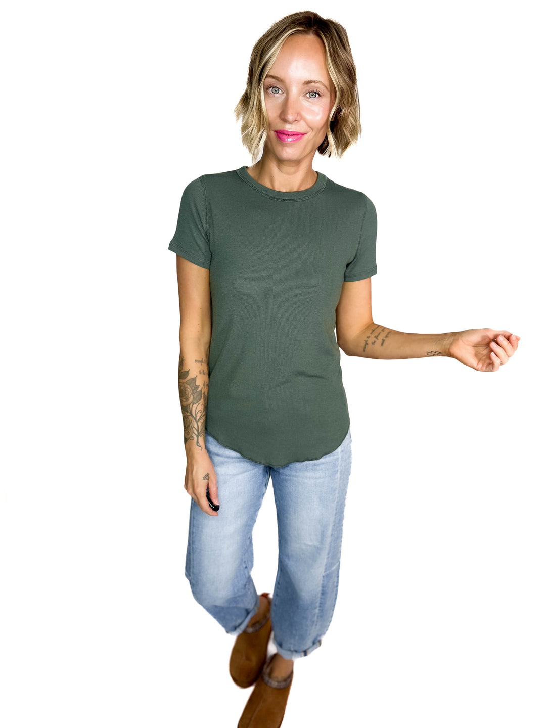 Beth Ribbed Short Sleeve- TEAL GREEN