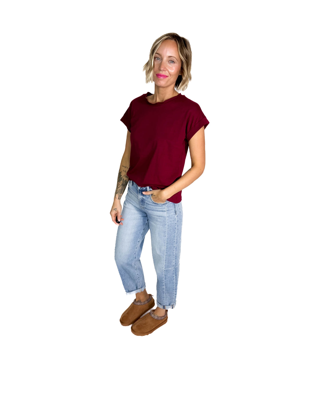Edna Cotton Folded Sleeve T-Shirt- CABARNET
