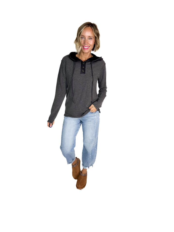 Gina Thermal Button Henley Hoodie- CHARCOAL