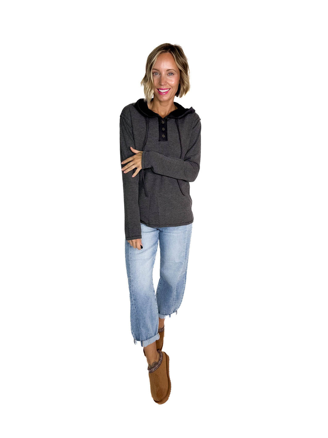 Gina Thermal Button Henley Hoodie- CHARCOAL