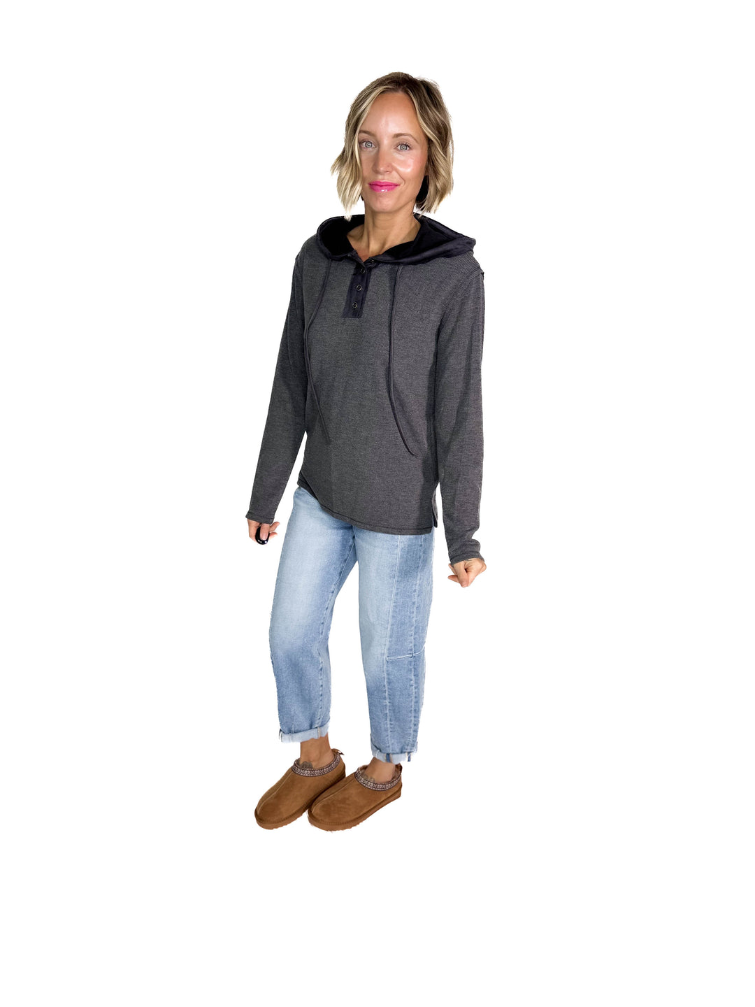 Gina Thermal Button Henley Hoodie- CHARCOAL