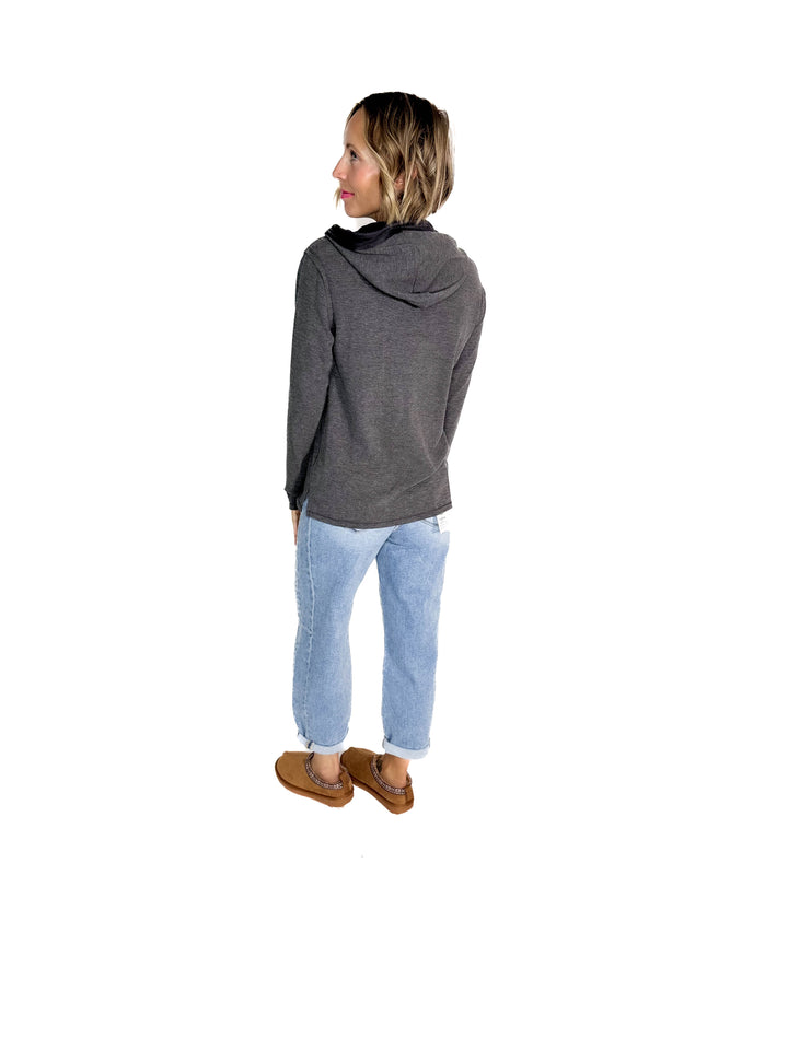 Gina Thermal Button Henley Hoodie- CHARCOAL