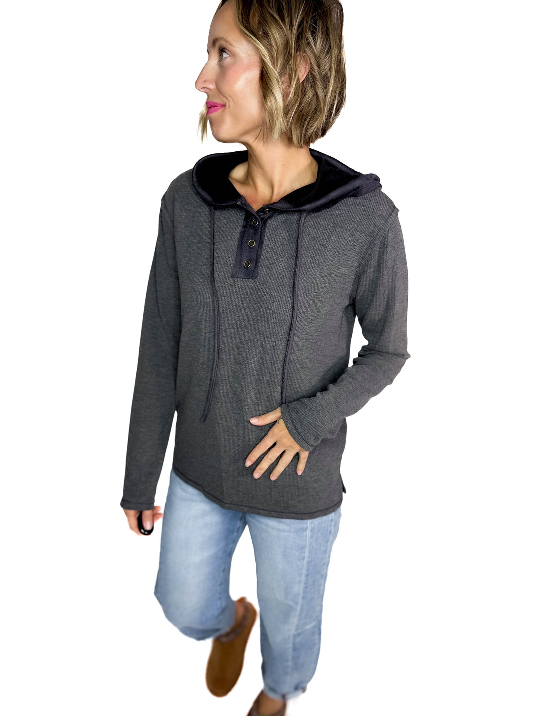 Gina Thermal Button Henley Hoodie- CHARCOAL
