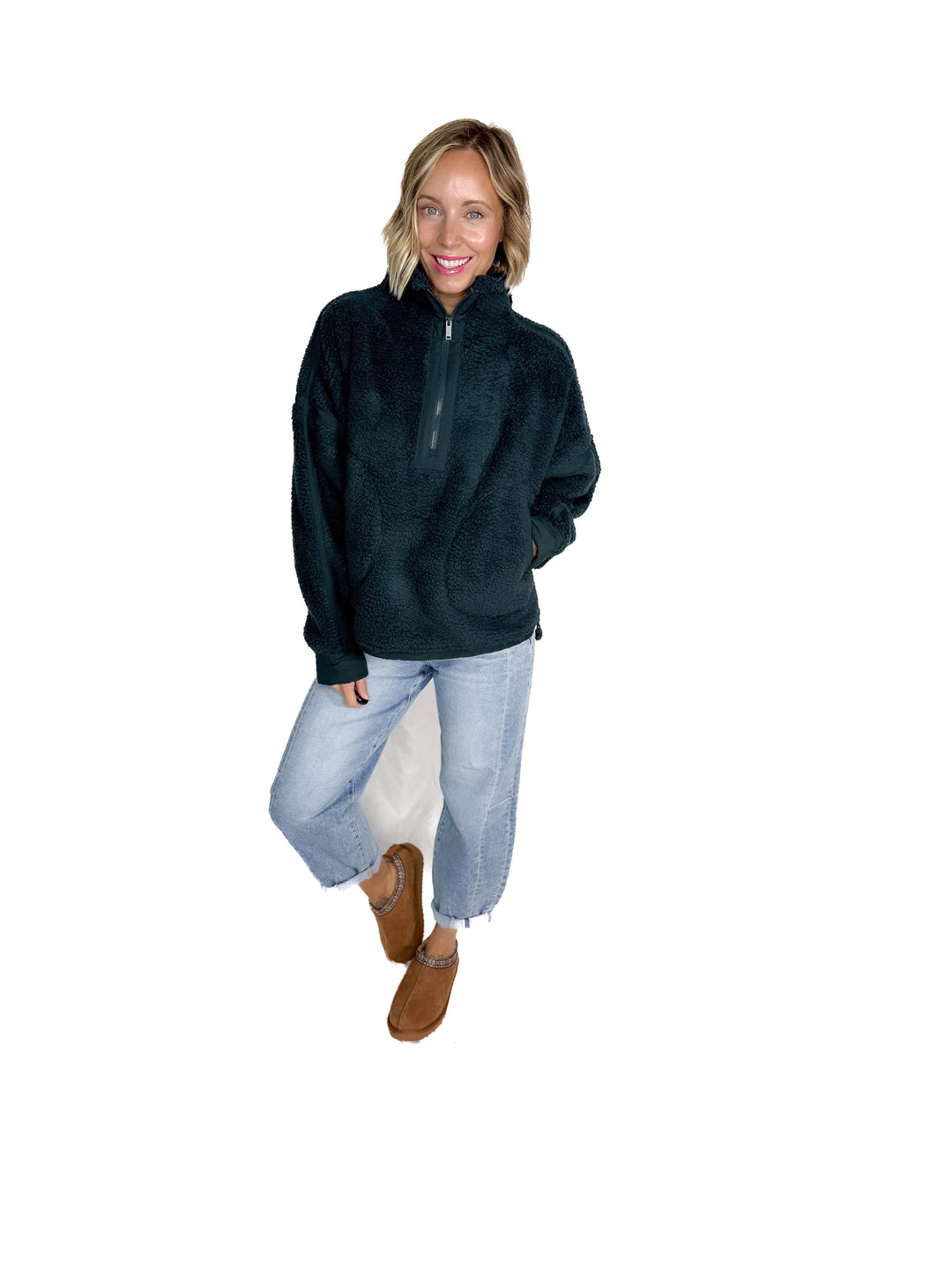 Tundra Mock Neck 1/2 Zip Sherpa Jacket- DARK SEA GREEN