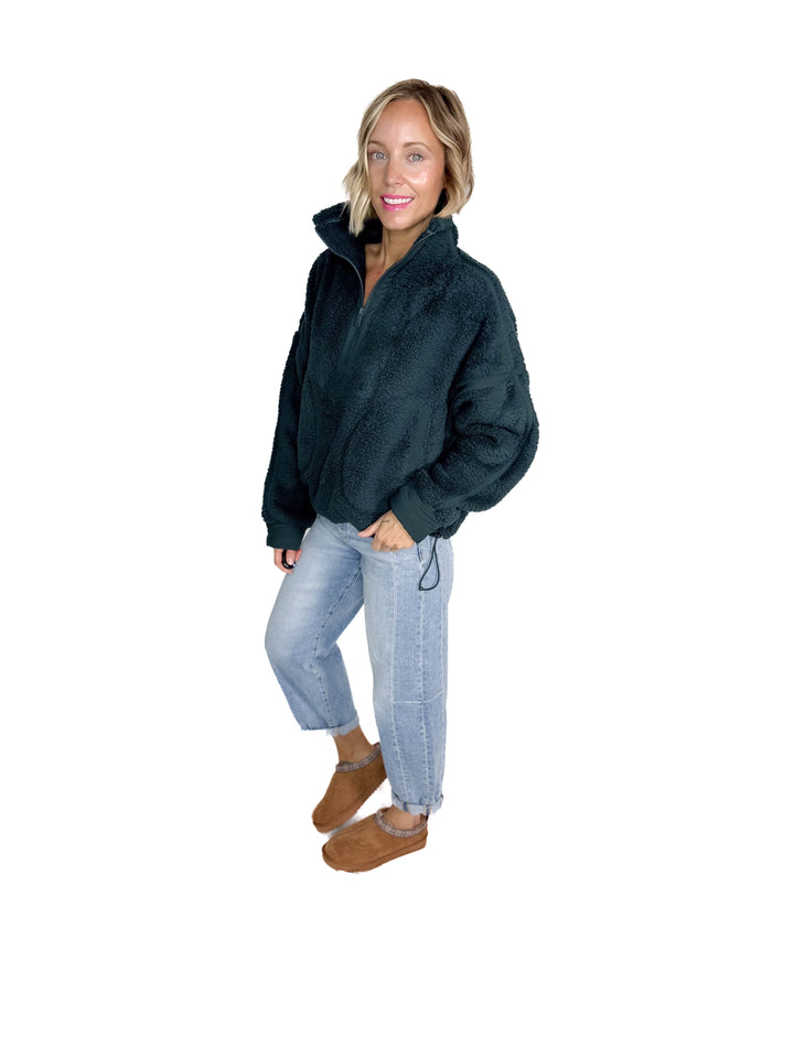 Tundra Mock Neck 1/2 Zip Sherpa Jacket- DARK SEA GREEN