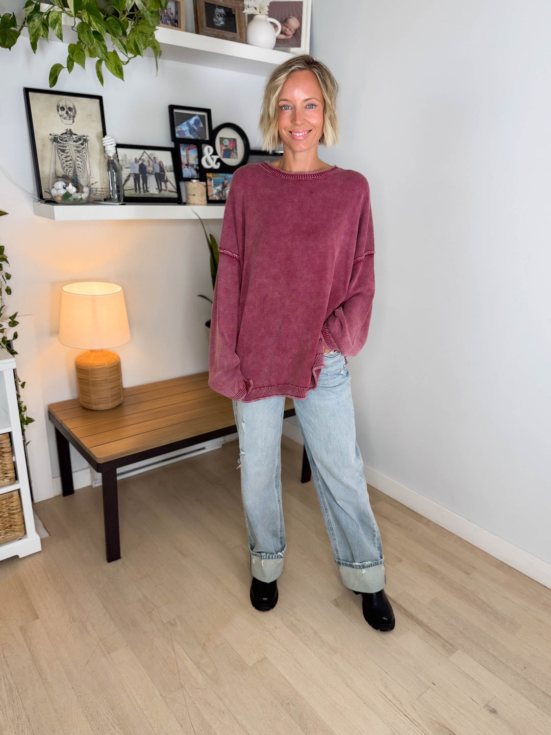 Sorel Washed Cotton Raw Edge Crewneck Sweater- BURGUNDY