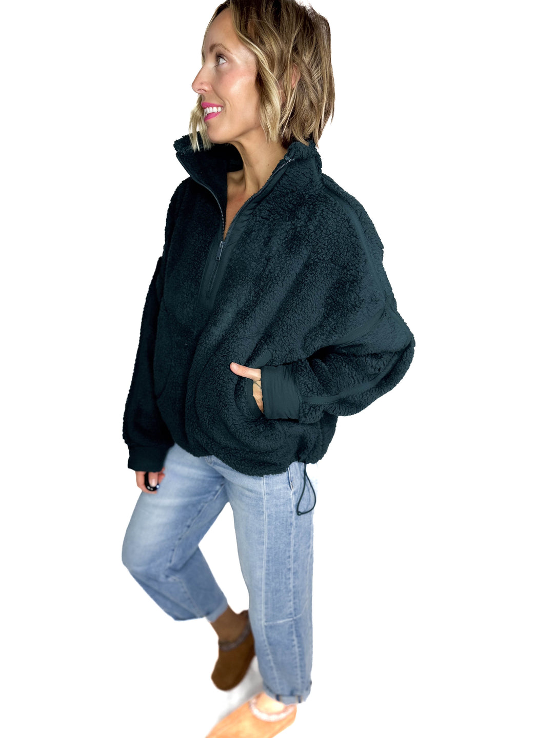 Tundra Mock Neck 1/2 Zip Sherpa Jacket- DARK SEA GREEN