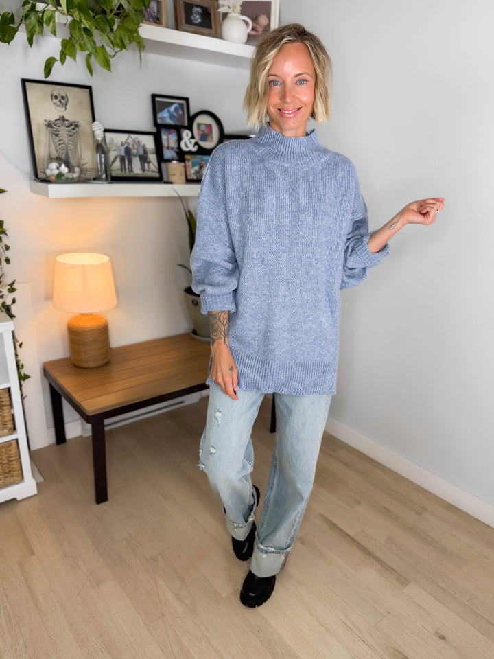 Forage Mockneck Oversized Sweater- WASHED BLUE