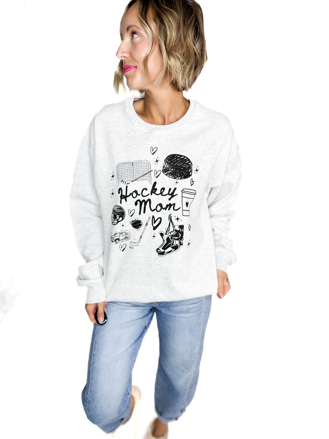 Hockey Mom Doodles Crewneck- ASH GREY