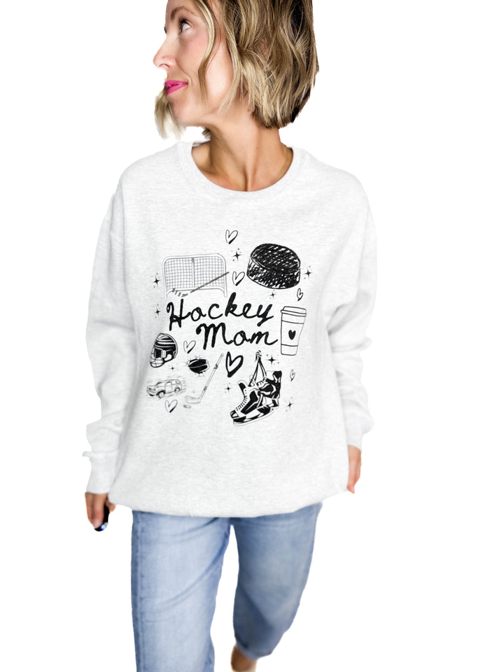 Hockey Mom Doodles Crewneck- ASH GREY