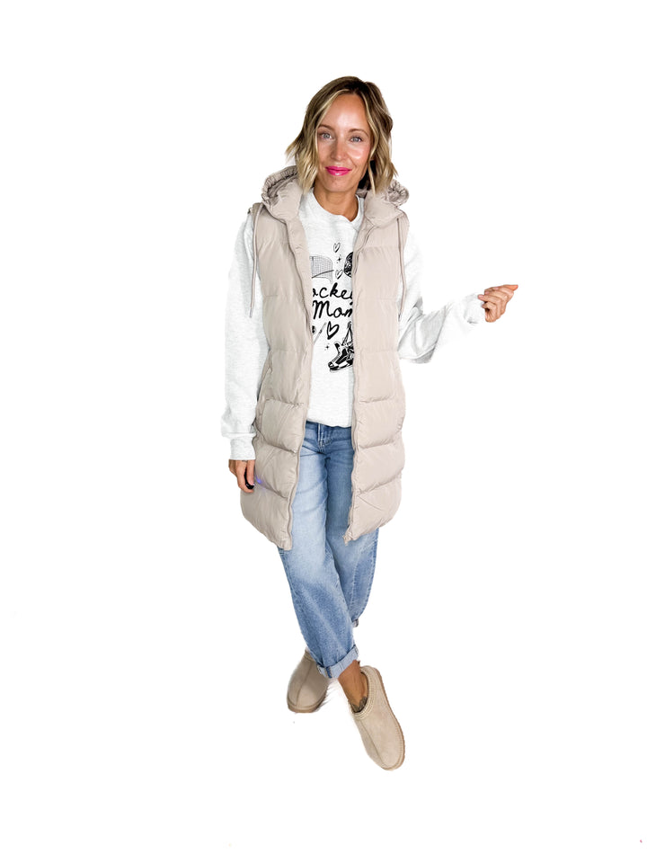 Maria  Hooded Zipper Longline Puffer Vest- COOL TAUPE GREY