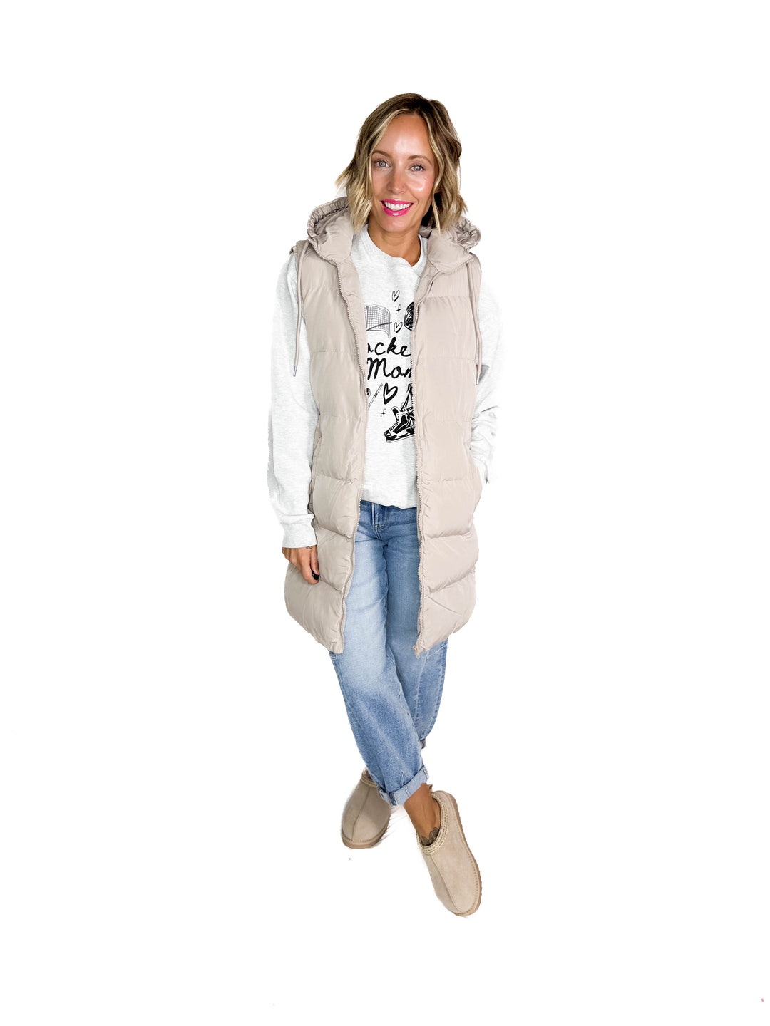 Maria  Hooded Zipper Longline Puffer Vest- COOL TAUPE GREY