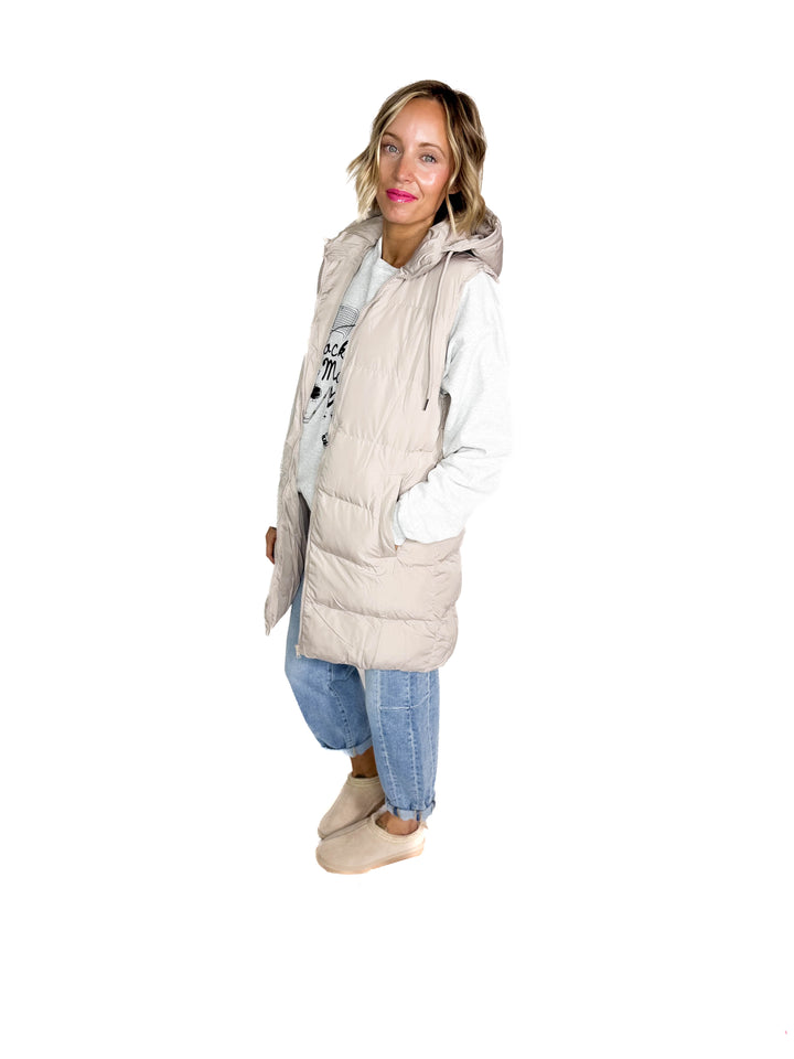 Maria  Hooded Zipper Longline Puffer Vest- COOL TAUPE GREY