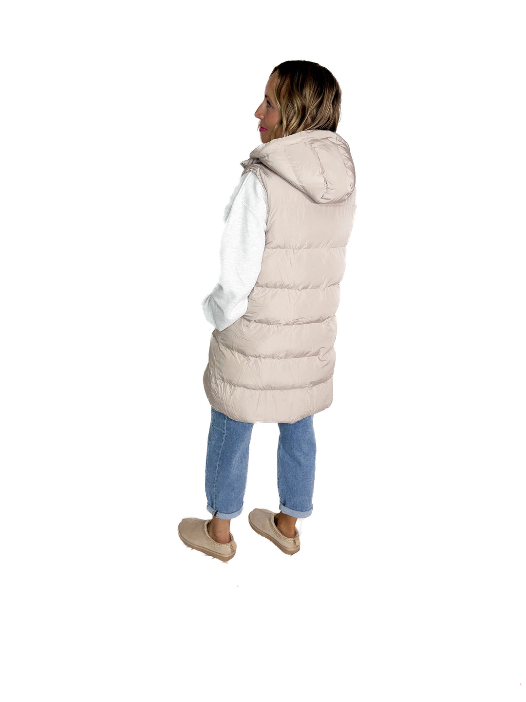 Maria  Hooded Zipper Longline Puffer Vest- COOL TAUPE GREY