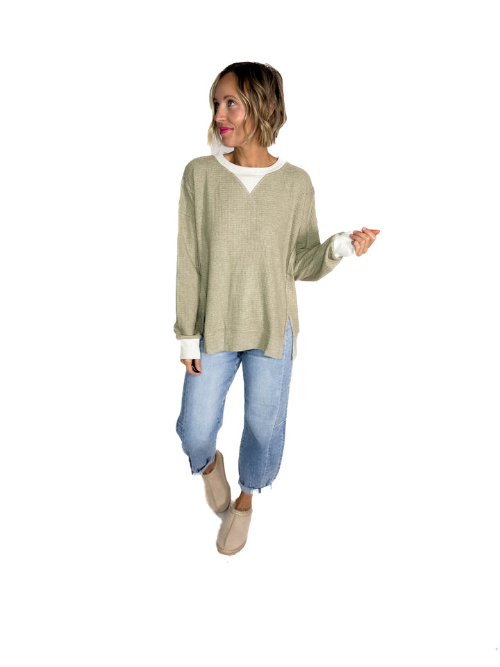 Loom Brushed Thermal Crew NeckPullover- OLIVE