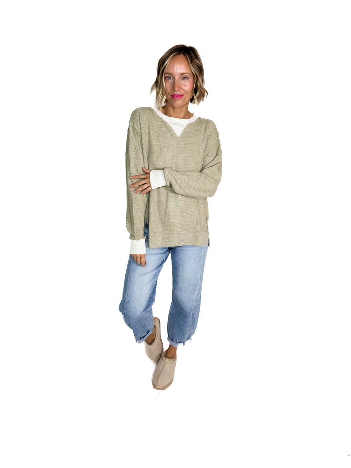 Loom Brushed Thermal Crew NeckPullover- OLIVE
