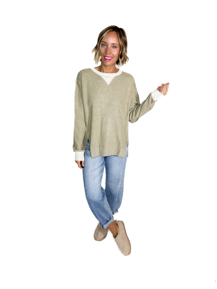 Loom Brushed Thermal Crew NeckPullover- OLIVE