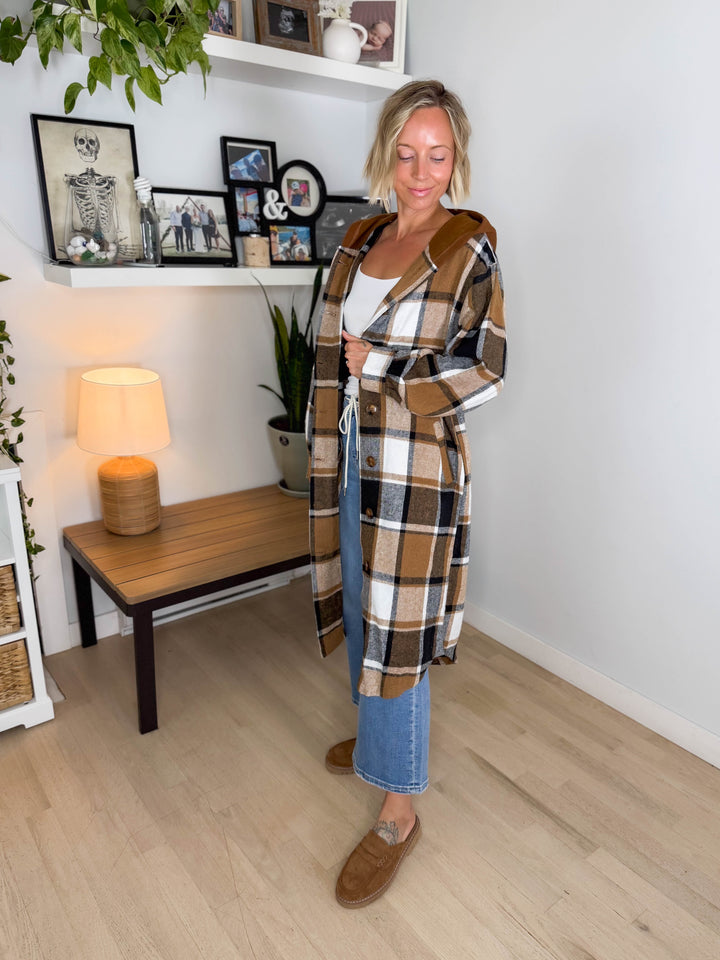 Pinewood Long Line Hooded Plaid Shacket- CAMEL